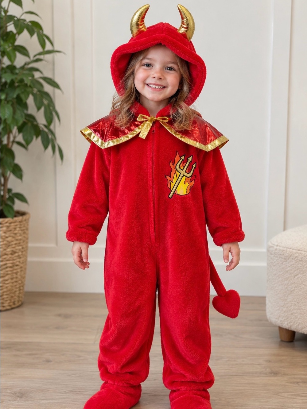 Chrisha Playful Plush Devil Costume – Ages 4–6 | Red & Gold